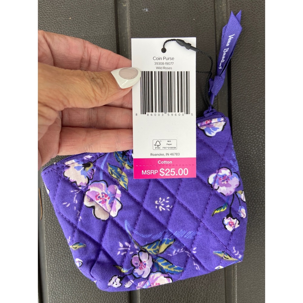 Vera Bradley Wild Roses Quilted Cotton Coin Purse Zip Pouch Purple Floral NWT - Picture 3 of 6